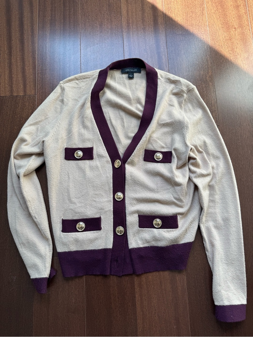 Ann Taylor Beige Cardigan with Plum Trim Women’s Top